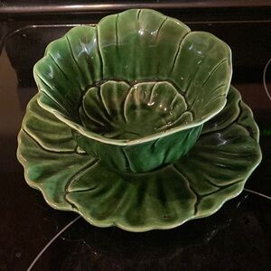 Cemar California Pottery Majolica Cabbage Sauce Gravy Boat w/ Underplate Green